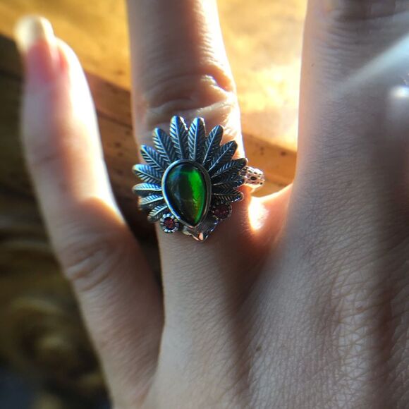 Natural Canadian Ammolite Sterling Silver Native American Feather Ring